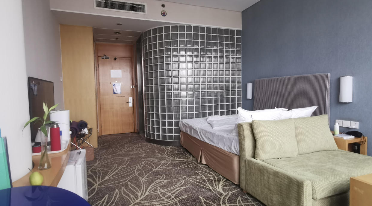 An image taken on Jan. 19, 2022 of the hotel room in Beijing where Swiss snowboarder Patrizia Kummer is undergoing a 21 day quarantine. Three weeks alone in a hotel room is hardly an ideal setting for a snowboarder preparing for the Olympics. Kummer, a Swiss competitor who won a gold medal at the 2014 Sochi Olympics, is unvaccinated against the coronavirus by choice, so she is spending 21 days in isolation in China before the Winter Games begin in Beijing on Feb. 4. (Patrizia Kummer via AP)