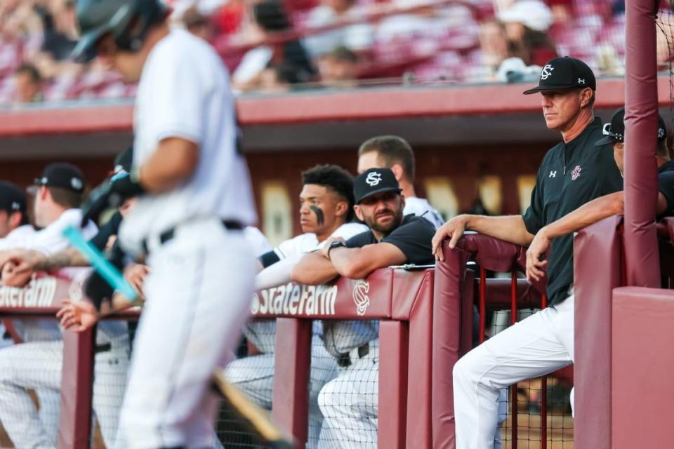 South Carolina head coach Mark Kingston looks on during Tuesday’s game against the Charlotte 49ers at Founders Park.