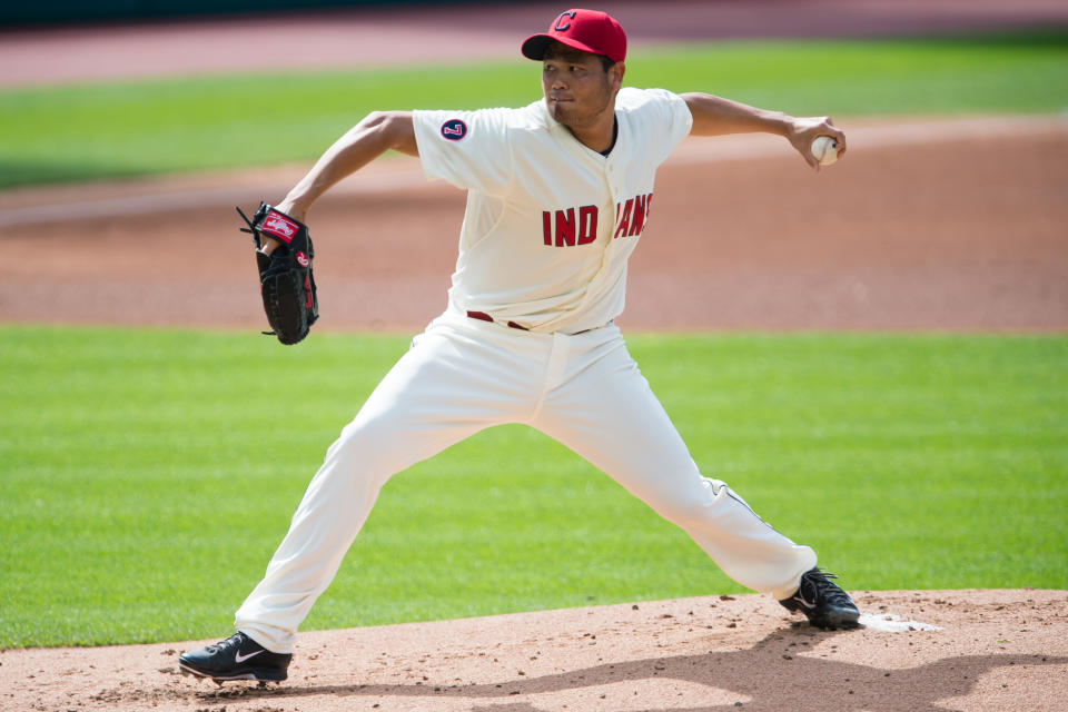 CLEVELAND, OH -  MAY 9: Starting pitcher Bruce Chen #52 of the Cleveland Indians pitches during the first inning against the Minnesota Twins at Progressive Field on May 9, 2015 in Cleveland, Ohio. (Photo by Jason Miller/Getty Images)