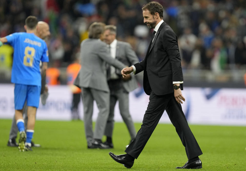 El técnico de Inglaterra Gareth Southgate al final del partido contra Italia en la Liga de Naciones, el 23 de septiembre de 2022. (AP Foto/Antonio Calanni)