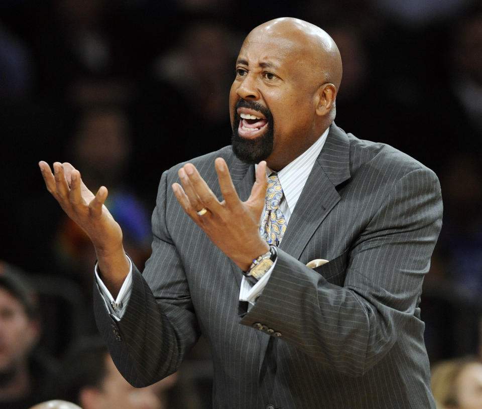 FILE - In this Jan. 11, 2013 file photo, New York Knicks coach Mike Woodson reacts during the third quarter of an NBA basketball game against the Chicago Bulls at Madison Square Garden in New York. The Knicks have fired Woodson after falling from division champions to out of the playoffs in one season. New team president Phil Jackson made the decision Monday, April 21, 2014, saying in a statement "the time has come for change throughout the franchise." (AP Photo/Bill Kostroun, File)