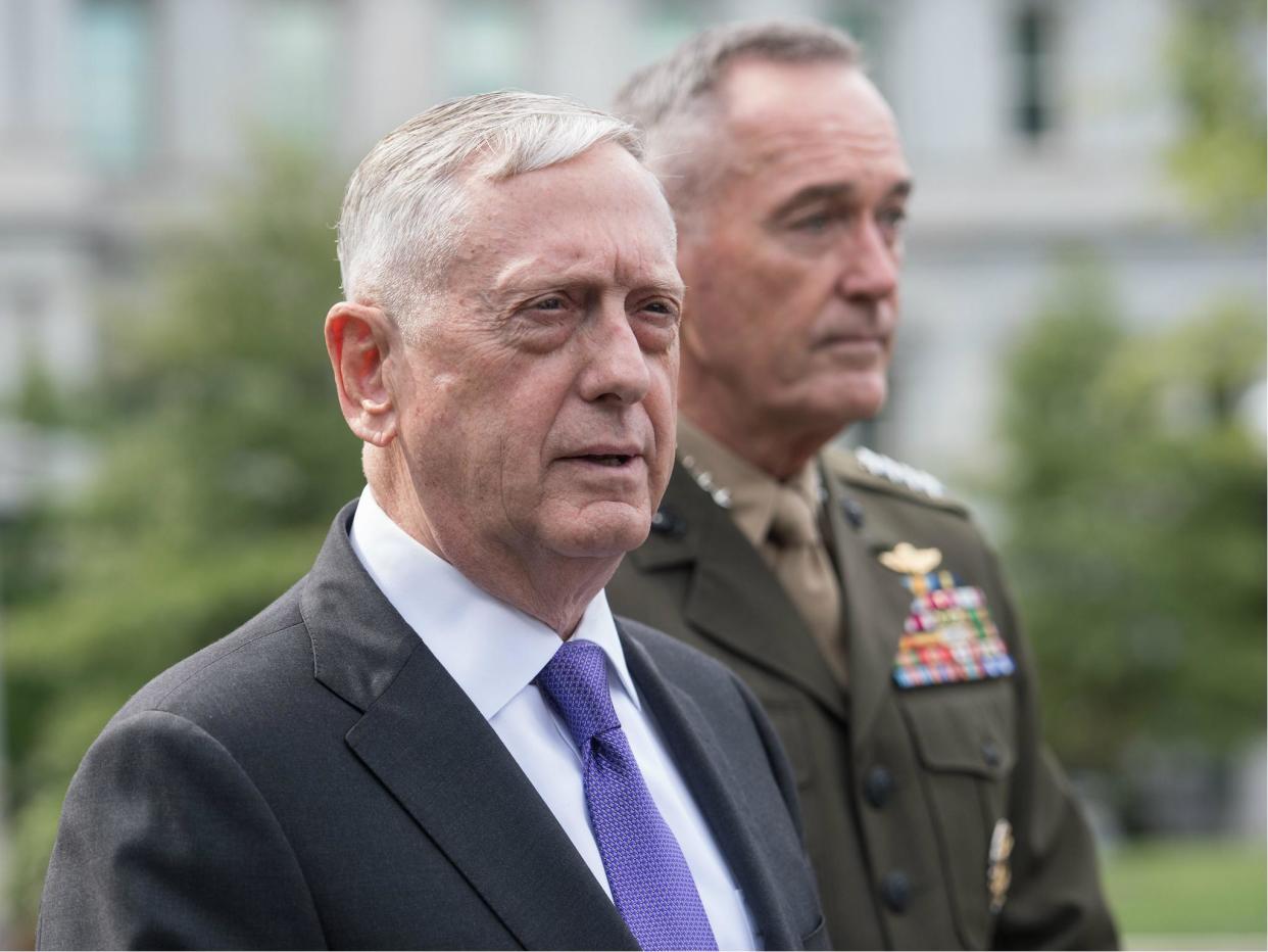 US Defence Secretary James Mattis and General Joseph Dunford, chairman of the Joint Chiefs of Staff, arrive to speak to the press about the situation in North Korea at the White House in Washington DC on 3 September 2017: NICHOLAS KAMM/AFP/Getty Images