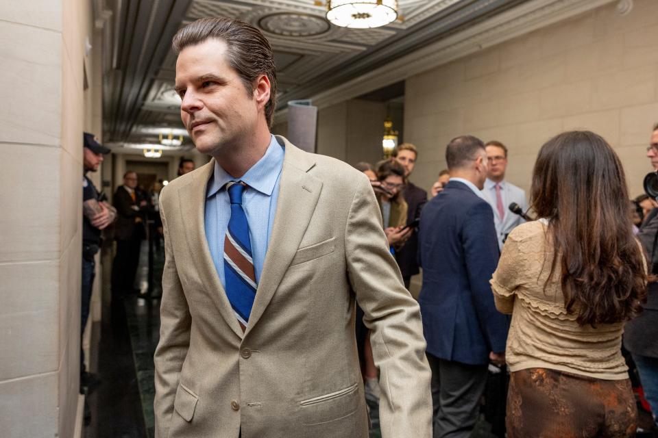Rep. Matt Gaetz, R-Fla., walks towards a GOP caucus meeting to discuss the election of a new speaker of the House in Washington on Oct. 13, 2023.