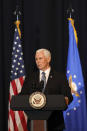 Vice President Mike Pence speaks during a memorial service for the late Air Force Brig. Gen. Chuck Yeager in Charleston, W.Va., on Friday, Jan. 15, 2021. Yeager died last month at age 97. The West Virginia native in 1947 became the first person to fly faster than sound. (AP Photo/Chris Jackson)