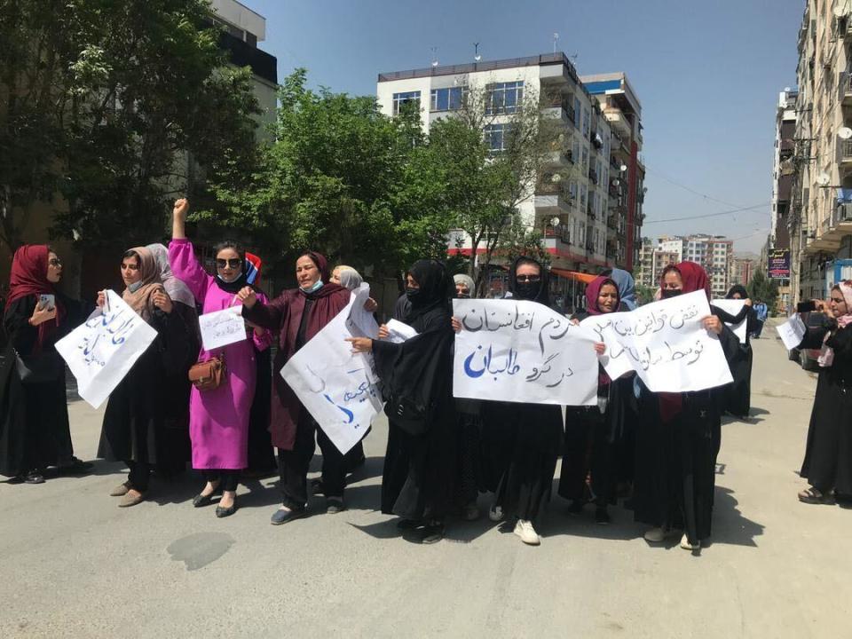 In an image shared with CBS News, Afghan women stage a protest in Kabul, Afghanistan, April 29, 2023, calling on the U.N. to deny the country's Taliban rulers any formal recognition ahead of a U.N.-hosted conference in Doha, Qatar, on how the international community should 