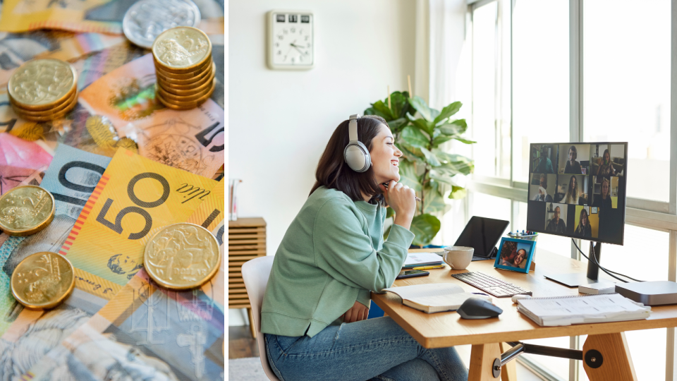 Australian money notes and someone working from home. Jobs concept.