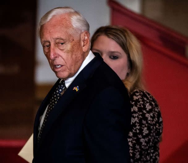 PHOTO: House Majority Leader Rep. Steny Hoyer center arrives at Statuary Hall for Speaker of the House Rep. Nancy Pelosi's unveiling ceremony in Washington, D.C. (Bill O'Leary/The Washington Post via Getty Images, FILE)