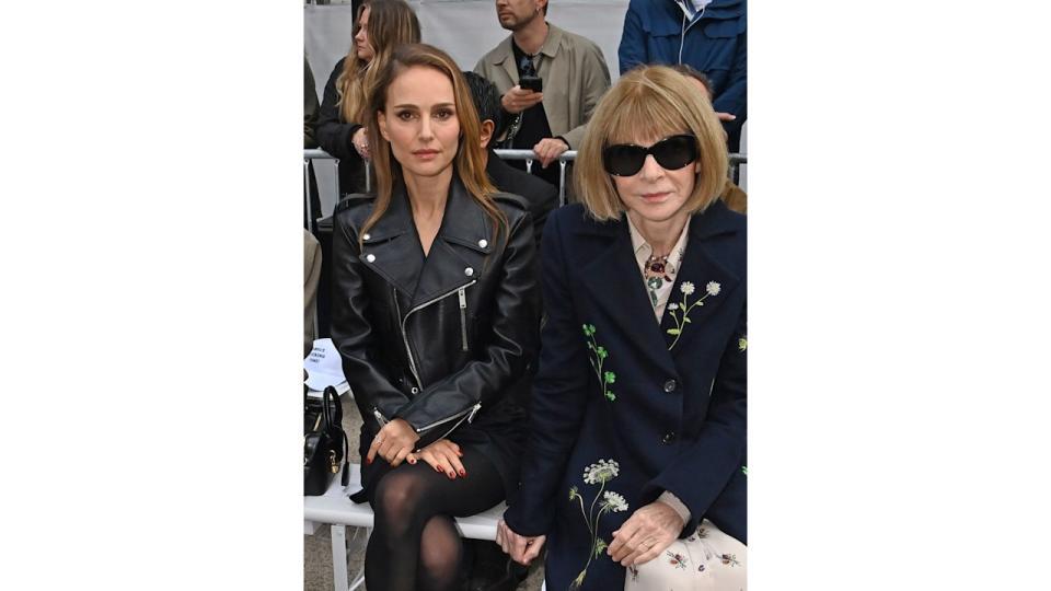 Greta Gerwig, Natalie Portman and Editor-In-Chief of American Vogue and Chief Content Officer of Conde Nast Dame Anna Wintour attend the Stella McCartney show during Paris Fashion Week Womenswear Spring/Summer 2025 on September 30, 2024 in Paris, France. (Photo by Dave Benett/Getty Images for Stella McCartney)