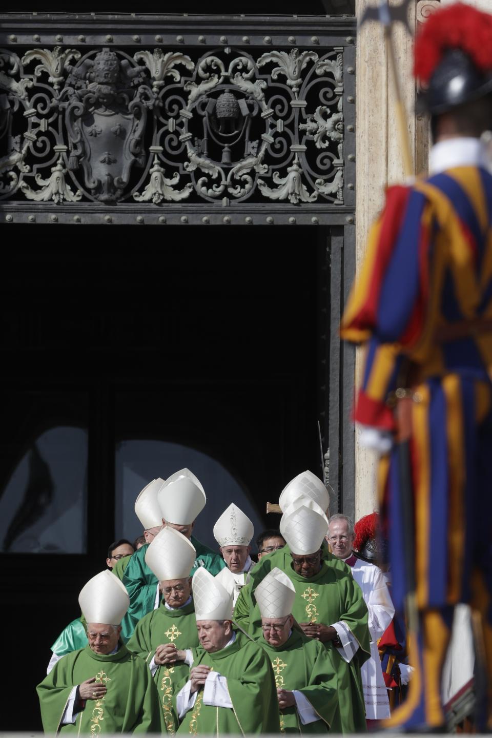 Pope Francis, center, arrives to celebrate Mass on the occasion of the Migrant and Refugee World Day, in St. Peter's Square, at the Vatican, Sunday, Sept. 29, 2019. (AP Photo/Andrew Medichini)