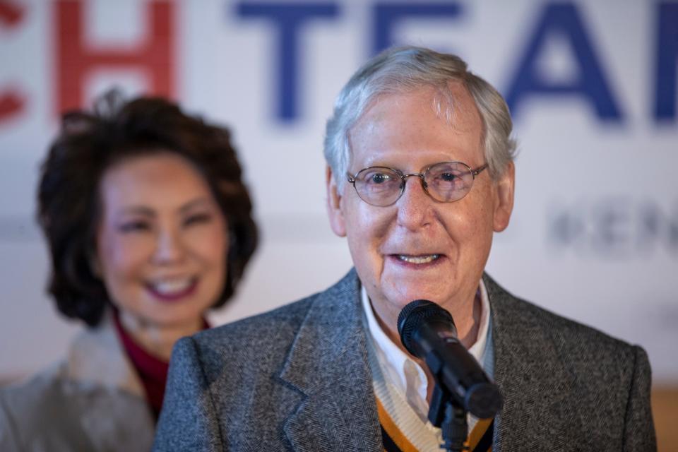 Senator Mitch McConnell spoke with supporters at a rally at Gaffney's Farm in Versailles, Kentucky, on the ever of the election. Nov. 2, 2020