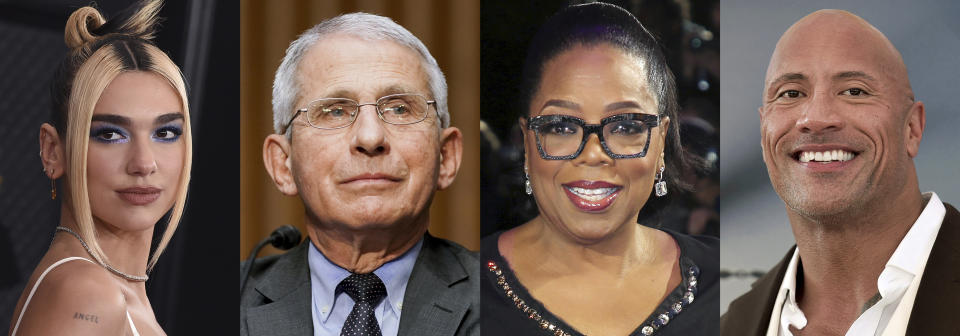 This combination photo shows singer Dua Lipa, from left, Dr. Anthony Fauci, Oprah Winfrey, and Dwayne “The Rock” Johnson, who are among the winners Tuesday at the Webby Awards, which recognize the best internet content and creators. The Webby Person of the Year went to Fauci for using digital and social media to reach the masses with credible and factual COVID-19 information. (AP Photo)