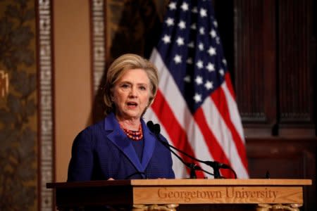 Former Secretary of State Hillary Clinton speaks at the annual Hillary Rodham Clinton awards ceremony at Georgetown University in Washington, U.S., February 5, 2018. REUTERS/Aaron P. Bernstein