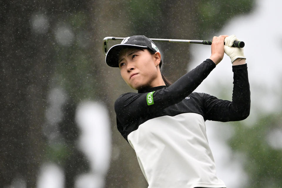 Amateur Suzuna Yokoyama of Japan hits her second shot on the 9th hole during the first round of the Japan Women’s Open Golf Championship at Awara Golf Club Umi Course on September 28, 2023 in Awara, Fukui, Japan. (Photo by Atsushi Tomura/Getty Images)