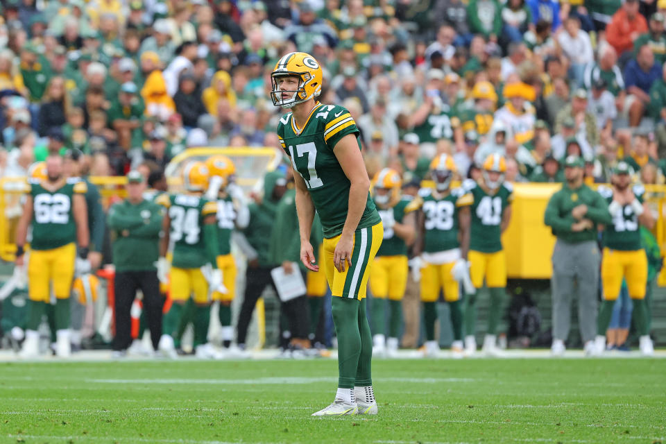 GREEN BAY, WISCONSIN – AUGUST 26: <a class="link " href="https://sports.yahoo.com/nfl/players/40214" data-i13n="sec:content-canvas;subsec:anchor_text;elm:context_link" data-ylk="slk:Anders Carlson;sec:content-canvas;subsec:anchor_text;elm:context_link;itc:0">Anders Carlson</a> #17 of the Green Bay Packers attempts a field goal against the <a class="link " href="https://sports.yahoo.com/nfl/teams/seattle/" data-i13n="sec:content-canvas;subsec:anchor_text;elm:context_link" data-ylk="slk:Seattle Seahawks;sec:content-canvas;subsec:anchor_text;elm:context_link;itc:0">Seattle Seahawks</a> during the first quarter of a preseason game at Lambeau Field on August 26, 2023 in Green Bay, Wisconsin. (Photo by Stacy Revere/Getty Images)