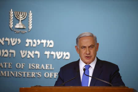 Israeli Prime Minister Benjamin Netanyahu speaks during a news conference at his office in Jerusalem, March 23, 2016. REUTERS/Ronen Zvulun