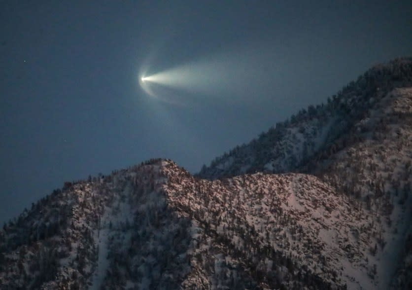 The SpaceX Falcon 9 rocket launch flies above Mt. San Jacinto in Palm Springs, California.