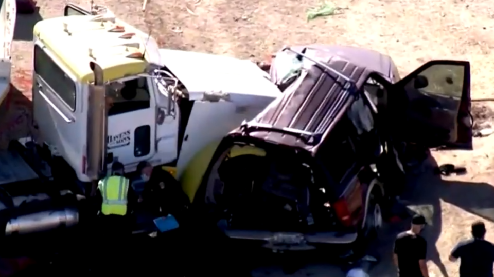 An image capture from aerial footage shows a collision between a SUV and semitruck on March 2, 2021, near Holtville, California, about 10 miles north of the U.S.-Mexico border. / Credit: CBS Los Angeles