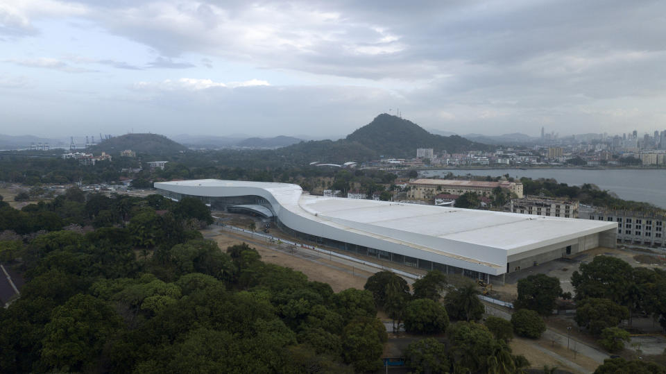 This Feb. 24, 2019, photo shows a bird's eye view of the Amador Convention Center, which is being built by Chinese contractors along the Pacific side of the Panama Canal in Panama City. China’s expansion in Latin America of its Belt and Road initiative to build ports and other trade-related facilities is stirring anxiety in Washington. As American officials express alarm at Beijing’s ambitions in a U.S.-dominated region, China has launched a charm offensive, wooing Panamanian politicians, professionals, and journalists. (AP Photo/Arnulfo Franco)