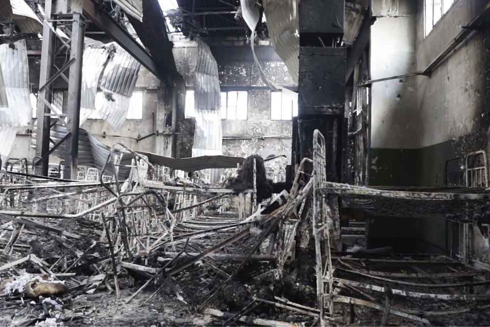 The destroyed barrack at a prison in Olenivka, eastern Ukraine, on July 29, 2022. (AP)