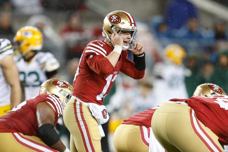 San Francisco 49ers quarterback Brock Purdy communicates at the line of scrimmage during the first half against the Green Bay Packers in the NFC Divisional Playoffs at Levi's Stadium on January 20, 2024 in Santa Clara, California. (Photo by Lachlan Cunningham/Getty Images)