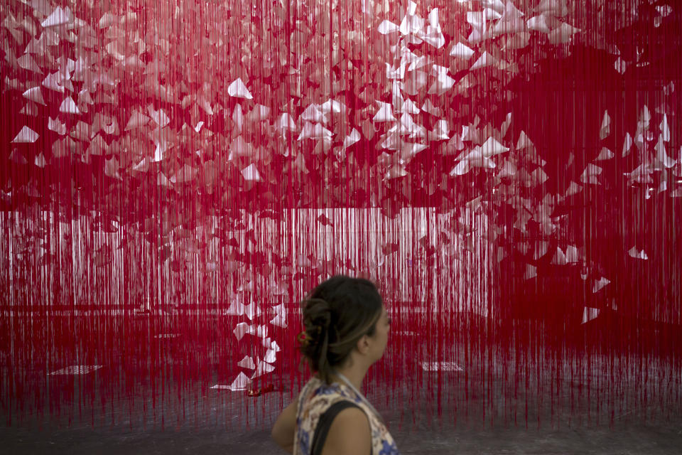 The artwork The Extended Line (2023-2024) by Japanese artist Chiharu Shiota at the Art Unlimited exhibition, part of the international art fair Art Basel, in Basel, Switzerland, Monday, June 10, 2024. (Georgios Kefalas/Keystone via AP)