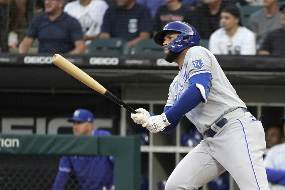 Kansas City Royals Emmanuel Rivera watches his two-run double off Chicago White Sox starting pitcher Dallas Keuchel during the first inning of a baseball game Thursday, Aug. 5, 2021, in Chicago. (AP Photo/Charles Rex Arbogast)