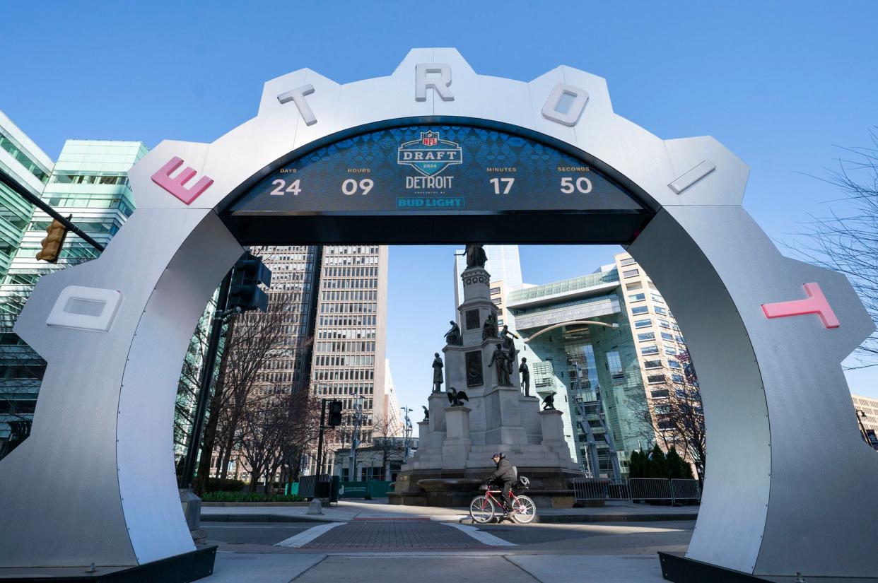The NFL draft countdown clock in Campus Martius in Detroit is counting down the days as the NFL Draft stage set up has begun near Cadillac Square and Campus Martius in Detroit on Monday, April 1, 2024.