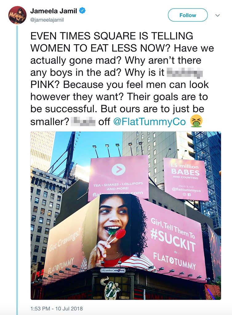 Actress Jameela Jamil calls out Flat Tummy Co.’s billboards as sexist. (Photo: Jameela Jamil via Twitter)