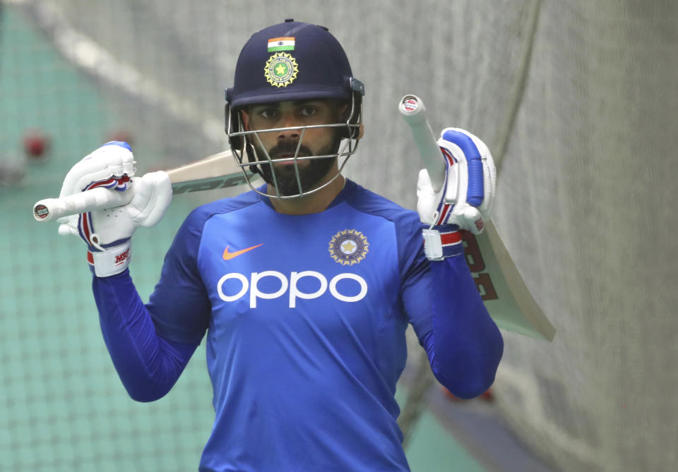 India's captain Virat Kohli leaves after batting in the nets during an indoor training session ahead of their Cricket World Cup match against West Indies at Old Trafford in Manchester, England, Tuesday, June 25, 2019. (AP Photo/Aijaz Rahi)