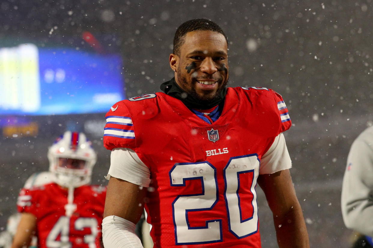 ORCHARD PARK, NEW YORK - DECEMBER 17: Nyheim Hines #20 of the Buffalo Bills reacts after a game against the Miami Dolphins at Highmark Stadium on December 17, 2022 in Orchard Park, New York. (Photo by Bryan M. Bennett/Getty Images)