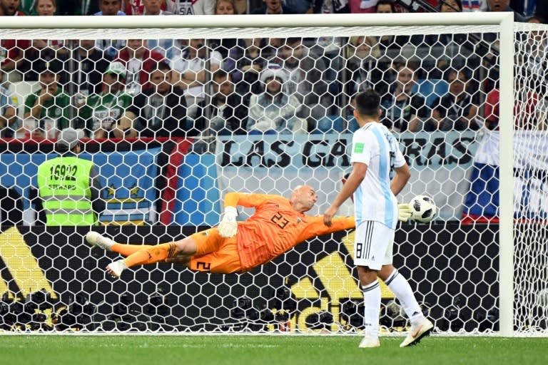 Argentina's goalkeeper Willy Caballero a goal by Croatia