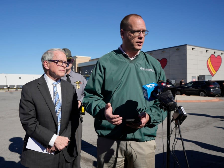 Nov. 14, 2023; Etna, Oh., USA; Ohio Gove. Mike DeWine and Ohio Department of Transportation Press Secretary Matt Bruning speak to media, Tuesday, Nov. 14, 2023, in Etna, Ohio, near the scene of a fatal bus accident on Interstate 70, near the State Route 310 interchange, in Licking County. A charter bus carrying students from a high school was rear-ended by a semi-truck on an Ohio highway Tuesday morning, leaving three people dead and 15 others injured, according to an emergency official. (Barbara J. Perenic/The Columbus Dispatch via AP)