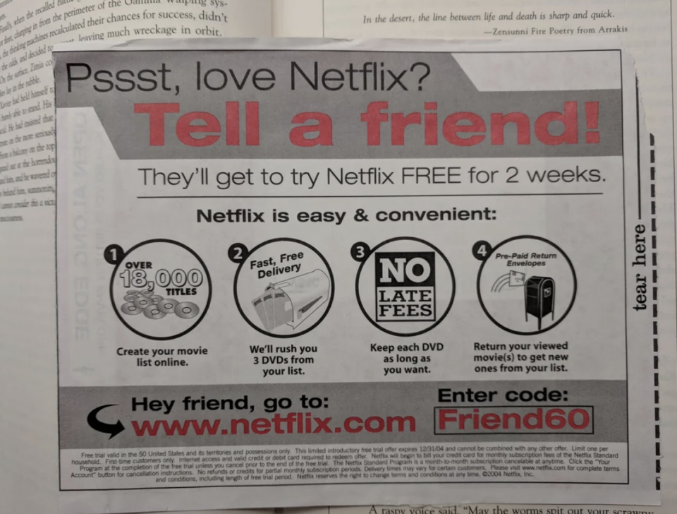 Netflix promotional flyer offering a 2-week free trial by referring a friend. Details include over 18,000 titles, free shipping, no late fees, and pre-paid return envelopes