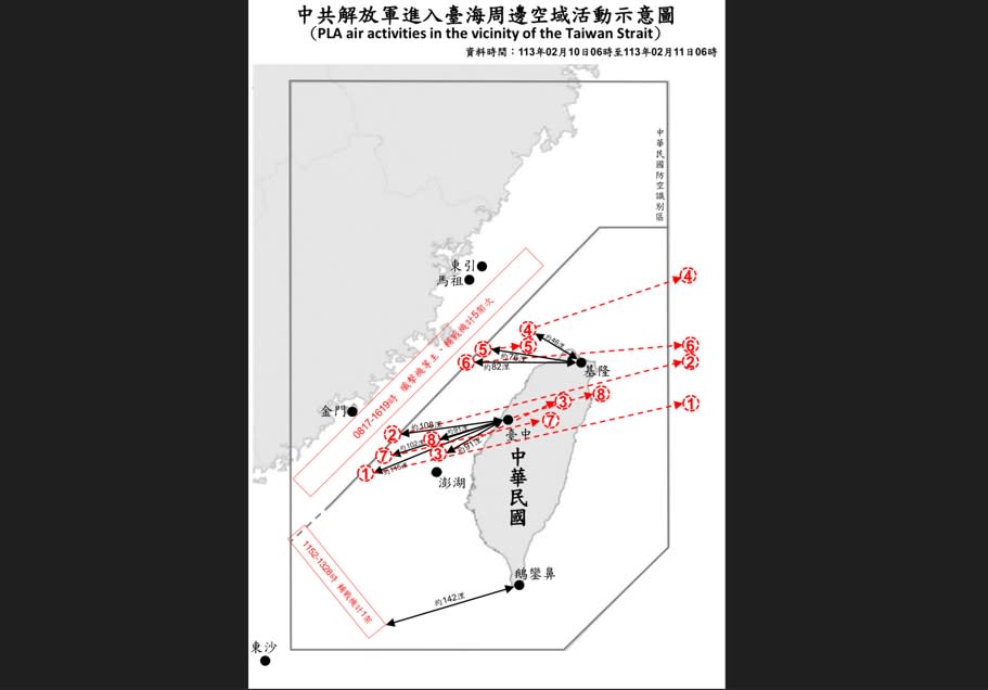 國防部11日發布中共空飄氣球動態，共有八枚逾越台灣海峽中線，其中六枚空飄氣球穿越台灣本島上空。國防部強調，運用任務機艦及岸置飛彈系統嚴密監控與應處。（圖／國防部提供）