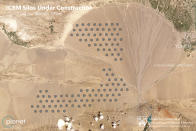 This June 4, 2021, satellite image provided by Planet Labs Inc. that has been annotated by experts at the James Martin Center for Nonproliferation Studies at Middlebury Institute of International Studies shows what analysts believe is a field of intercontinental ballistic missile silos near Yumen, China. The U.S. military is warning about what analysts have described as a major expansion of China's nuclear missile silo fields, at a time of heightened tension between the U.S. and China. (Planet Labs Inc., James Martin Center for Nonproliferation Studies at Middlebury Institute of International Studies via AP)