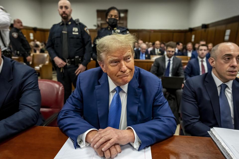 Former President Donald Trump sits in Manhattan Criminal Court during his ongoing hush money trial, Monday, May 20, 2024, in New York. (Mark Peterson/Pool Photo via AP)