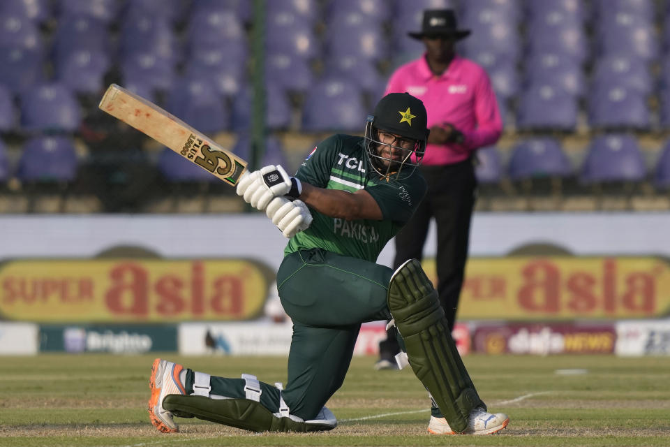 Pakistan's Imam-ul-Haq plays a shot during the third one-day international cricket match between Pakistan and New Zealand, in Karachi, Pakistan, Wednesday, May 3, 2023. (AP Photo/Fareed Khan)