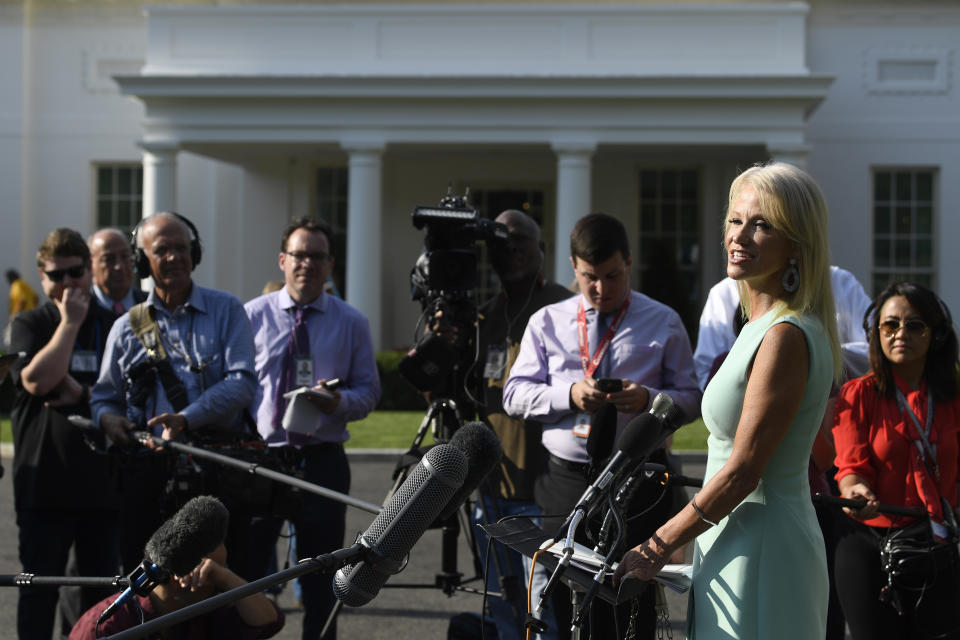 White House counselor Kellyanne Conway talks with reporters at the White House in Washington, Monday, Aug. 19, 2019. Conway declares that the “fundamentals” of the U.S. economy are strong, citing benchmarks to support her contention. The job market does look solid, yet the factory and housing sectors are struggling and financial markets are sounding the alarm that growth is much shakier than the administration says. (AP Photo/Susan Walsh)