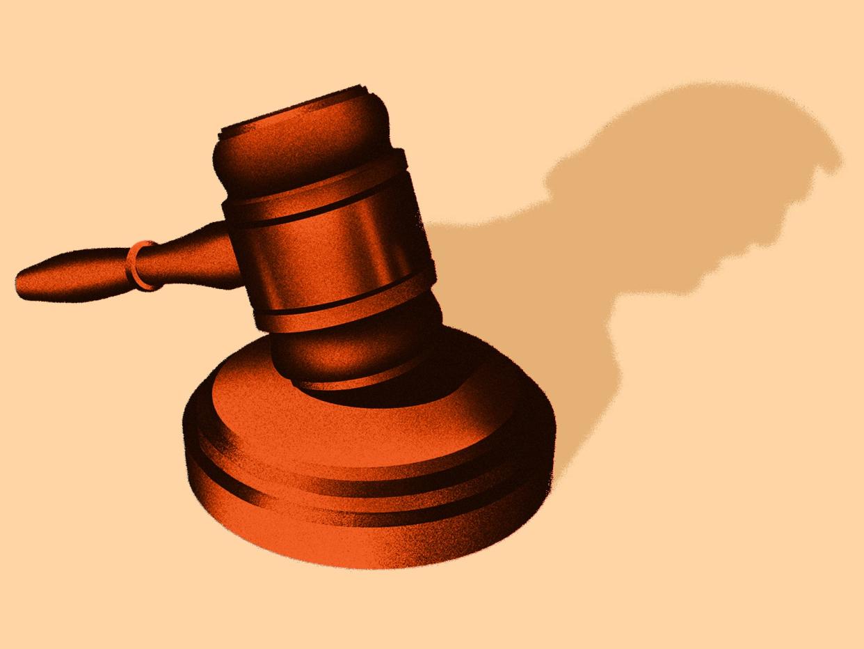 An illustration of a gavel with a shadow shaped like Donald Trump's profile.