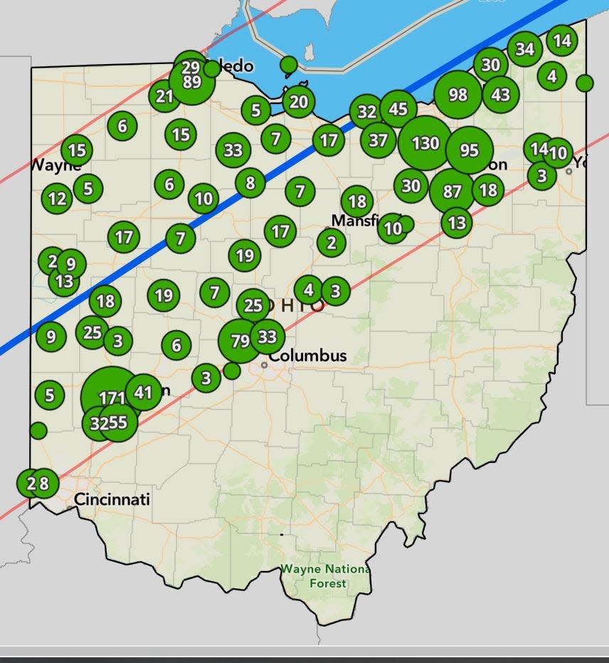 The Ohio EMA has compiled a map of public viewing areas expected to be available during the April 8, 2024, solar eclipse. The blue line represents the centerline and the red lines show the boundaries of the totality viewing area.