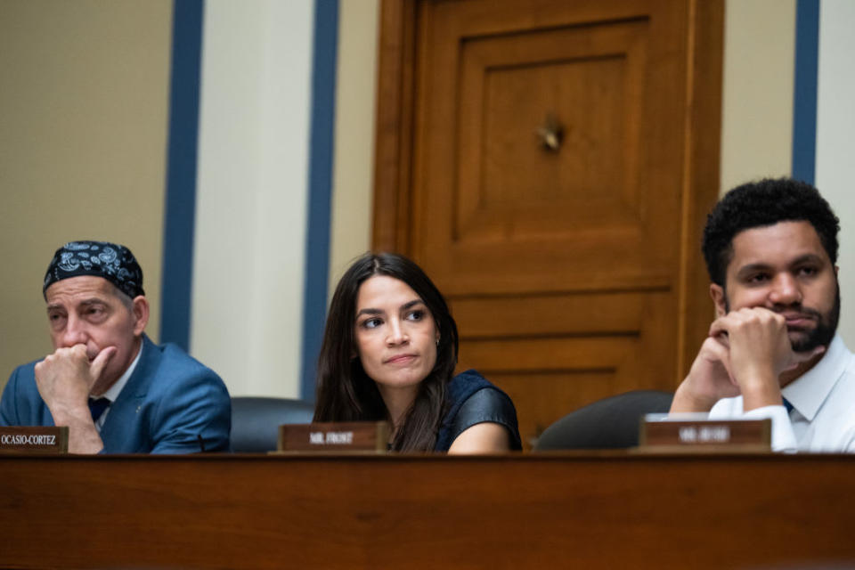 Representatives Jamie Raskin, Alexandria Ocasio-Cortez, and Maxwell Frost, sit during a hearing regarding UFOs on Wednesday.