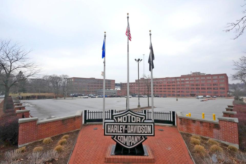 The Harley-Davidson plans to develop two large parking lots between West 35th and West 37th streets into a public park at its Juneau Avenue headquarters 3700 W. Juneau Ave. in Milwaukee on Wednesday, Jan. 11, 2023.