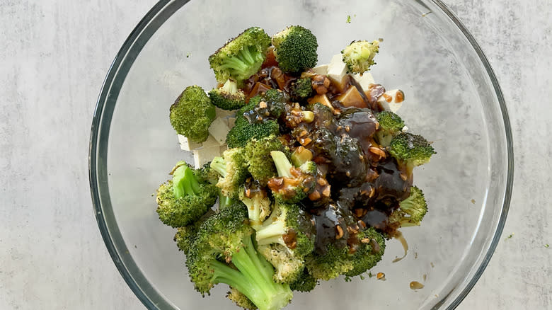 teriyaki sauce on broccoli and tofu