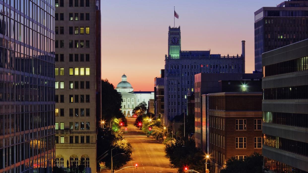 high angle view of jackson cityscape at night, mississippi, united states