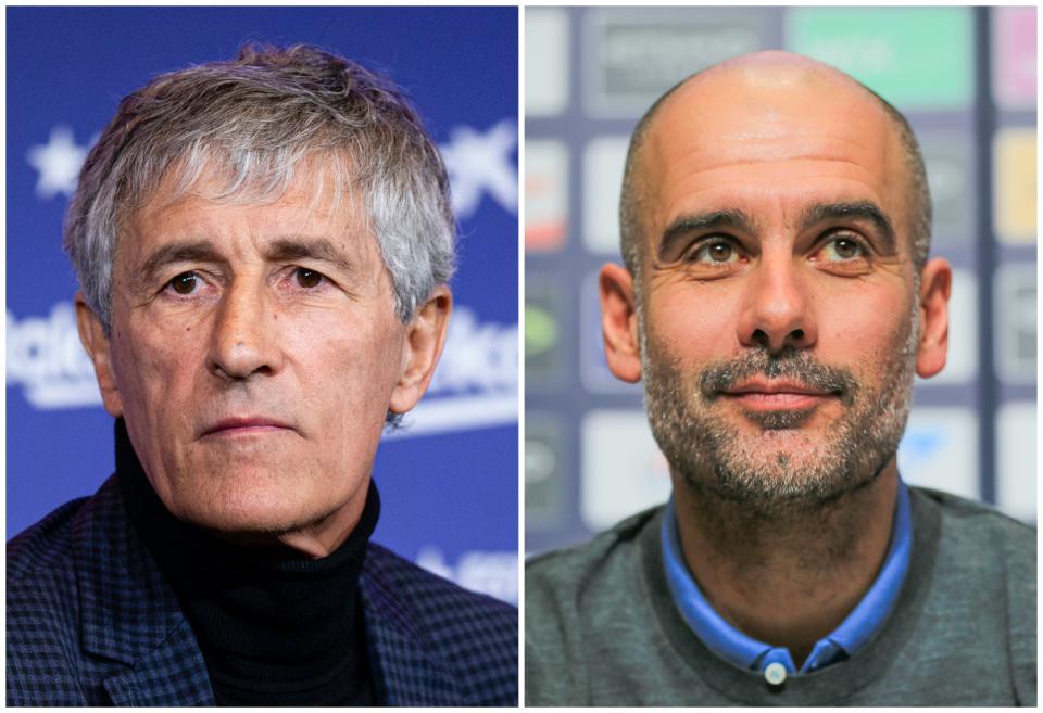 Muchos seguidores del Barcelona ven en Quique Setién el continuador del estilo que implantaron en el club técnicos como Johan Cruyff y Pep Guardiola, de los que el cántabro se ha confesado admirador. Sin embargo, con el de Santpedor no coincide tanto en ideas políticas como quedó claro en el pasado. (Foto: Xavier Bonilla / NurPhoto / Getty Images / Tom Flathers / Manchester City / Getty Images).