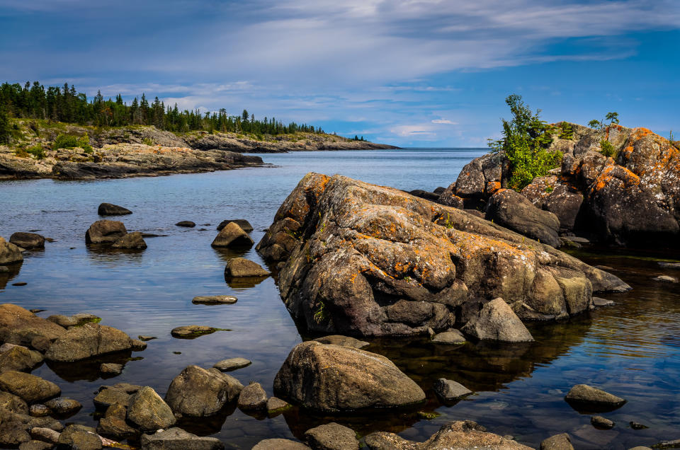 Coastal areas of Isle Royale were once submerged beneath prehistoric lake waters, and contain many tumbled boulders and other large rocks