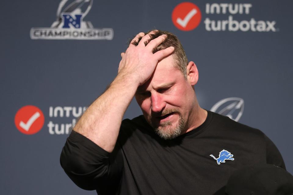 Detroit Lions head coach Dan Campbell speaks at his postgame news conference after the NFC championship game loss against the San Francisco 49ers in Santa Clara, Calif., Sunday, Jan. 28, 2024.