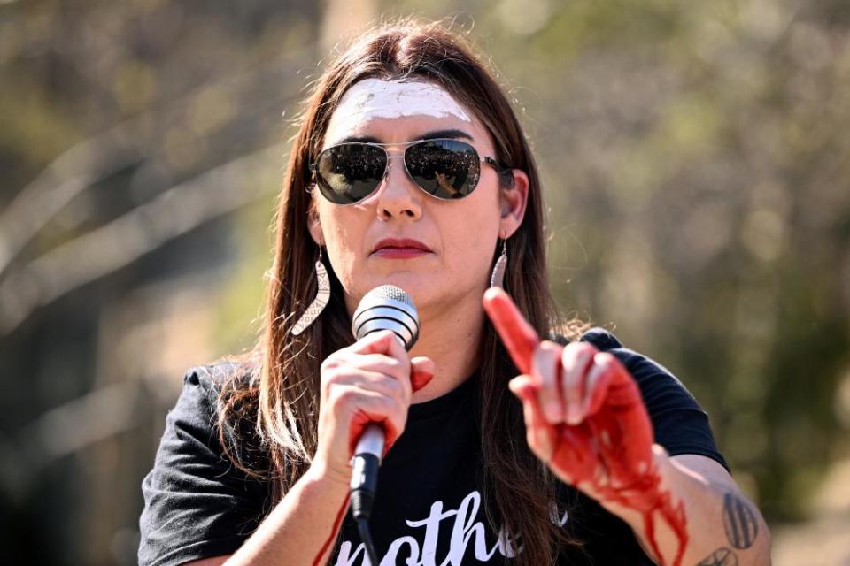 Greens senator for Victoria, Lidia Thorpe, speaks during an anti-monarchy protest in Melbourne on 22 September.