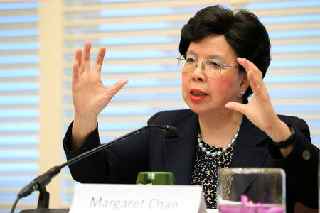 World Health Organization(WHO) Director-General Margaret Chan speaks during a news conference on Neglected Tropical Diseases (NTDs) in Geneva, Switzerland, April 18, 2017. REUTERS/Pierre Albouy