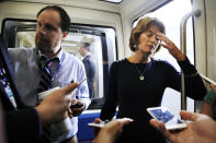 <p> Sen. Lisa Murkowski, R-Alaska, right, reacts to a question from a reporter on the Senate subway, Tuesday, Sept. 18, 2018, as she responds to questions about Supreme Court nominee Brett Kavanaugh on Capitol Hill in Washington. (AP Photo/Jacquelyn Martin) </p>